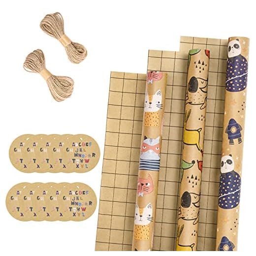 RUSPEPA Wrapping Paper Rolls with Gift Tags and Jute String - 17 inches x 10 feet per Roll, Total of 3 Rolls, Animal