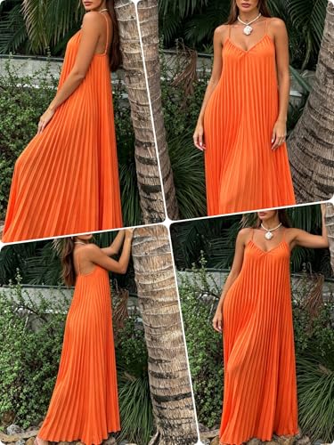 Image of Women's Summer Casual V Neck Sleeveless Strappy Pleated Flowy Loose Maxi Long Beach Dress
