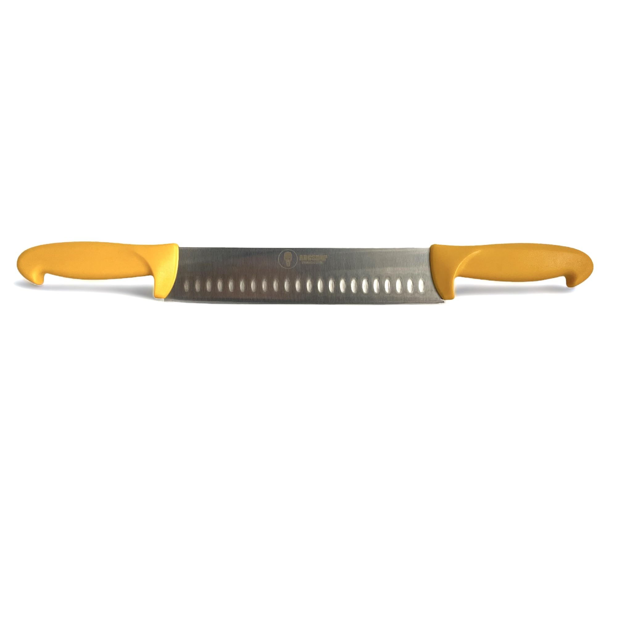 Couteau à fromage à double manche – coupe fromage- cier inoxydable 3Cr13Mov - Double manche polypropylène. Lame droite à fromage satinée alvéolée - Taille totale 50.80 cm - Taille de la lame 22.20 cm