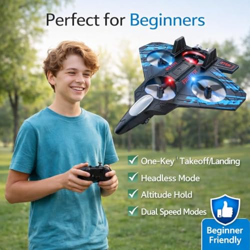 Image of Fighter Jet RC Plane, 2.4GHz Foam Remote Control Airplane - Easy-Fly Gyro Stabilized RC Jet for Kids & Adults, LED Lights, Stunts, Long Range, Ready-to-Fly