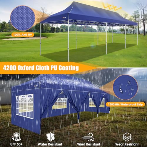 Image of HOTEEL 10x30 Heavy Duty Pop Up Canopy with Sidewalls, Instant Commercial Party Event Wedding Tent, Waterproof UV 50+, Thickened Hexagonal Legs Tent with Carry Bag, Deep Blue