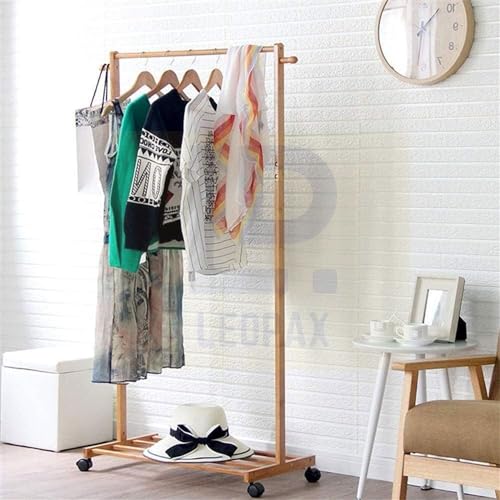 Image of LEOPAX Bamboo Rolling Coat Rack with 2 Side Hook Garment Rack with Shoe Storage Shelves for Entryway Living Room Bedroom Hallway - Do It Yourself - Beige Color - Size - (80 x 38 x 145cm)