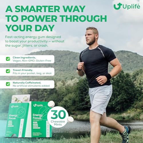 Image of UPLIFE Focus & Energy Mints - 30 Count - Fast-Acting 40 mg Caffeine Gum with 80 mg L-Theanine & B12 - Sugar-Free & 100% Vegan - Caffeine Mints for Natural Energy Boost & Freshness