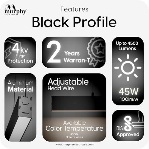 Image of Murphy Black 4ft LED Hanging Profile Pendant Light, 45W Natural White, 2-Year Warranty, Aluminium Body, Adjustable Wire - Linear Ceiling Light for Office, Home & Commercial - Pack of 1
