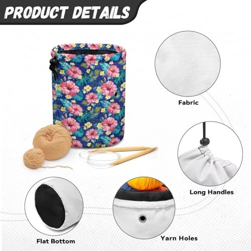 Image of Sellikakes Hawaiian Floral Yarn Organizer Bag Tropical Flower Storage Holder for Crochet Hooks Needles Store Skein Ball Short Knitting Needles