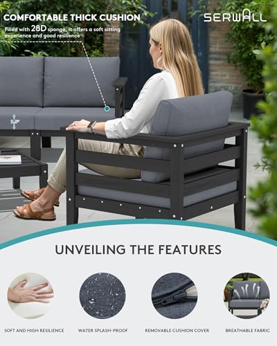 Image of SERWALL HDPE Outdoor Furniture Set, 10 Pieces Patio Sectional Sofa Set | All-Weather Wood-Like Outdoor Sofa Couch with Coffee Table, Modular Design for Flexible Combination