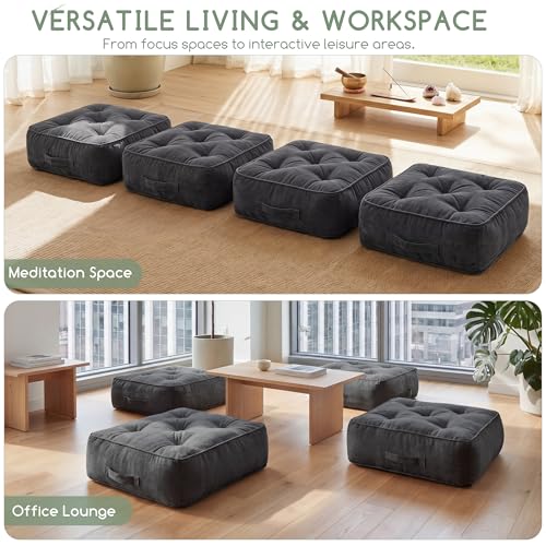 8" Extra Thick Floor Pillow Cushion for Adults, Meditation Cushion Pillow with Handle, Lustrous Chenille Tufted, Square Floor Sitting for Tatami Living Room or Yoga, 22x22 Inch, 2Pack, Dark Grey by HIGOGOGO - Image 4