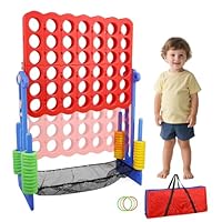 Giant Connect 4, 3-in-1 Giant 4 in a Row Garden Game with Adjustable Height, Basketball Hoop, 42 Jumbo Ring, Ring Toss, Garden Connect 4 Outdoor Game for Indoor Outdoor (Red & blue)
