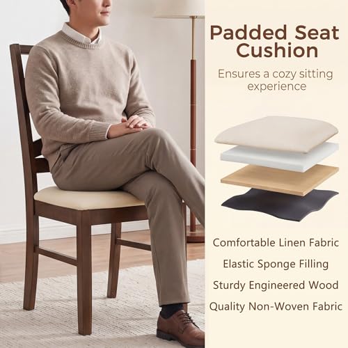 Image of COSTWAY Wooden Dining Chairs Set of 2, Farmhouse Kitchen Side Chair with High Back, Fabric Padded Seat, Armless Chairs for Dining Room, Living Room, Home Kitchen, Restaurant (Brown & Beige)