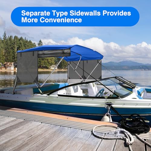 Image of Bimini Top for Boats Boat Canopy with Mesh Sidewalls (Blue, 3 Bow 67 inch-72 inchW)