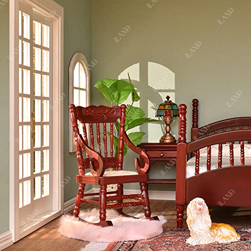 Iland Vintage Dollhouse Furniture 1/12 Scale, Dollhouse Bedroom Furniture In Mahogany Color Incl Dollhouse Bed & Mirror Full Length & Wardrobe & Bedside Table & Rocking Chair (Brewster 7Pcs) #TOP4
