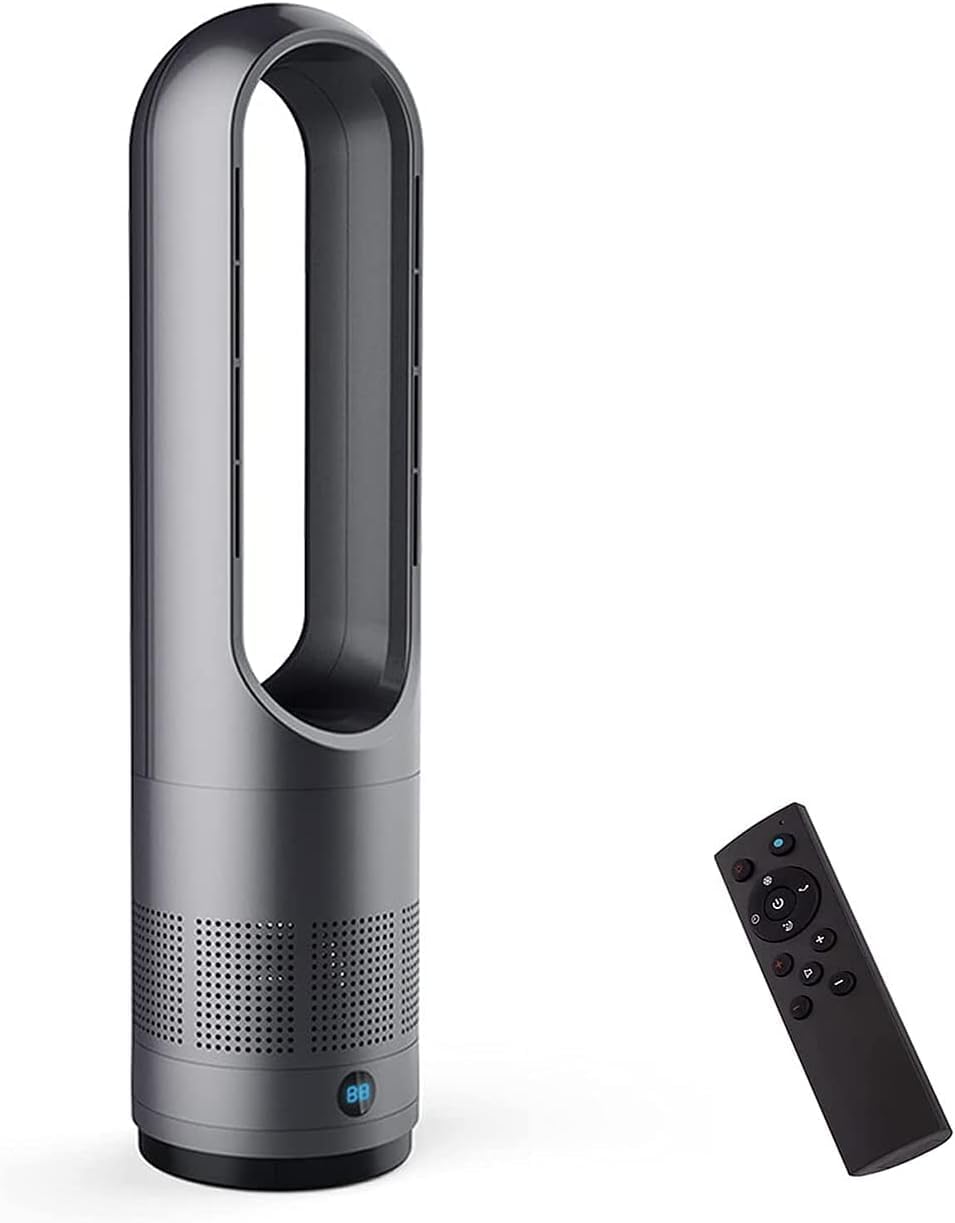 JT2D -Ventilador calefactor de torre sin aspas, purificador de aire de 10 velocidades, refrigerador multiplicador de aire para dormitorio, control remoto de 6 m, sensación de viento de 8 velocidades y temporizador de 8 horas