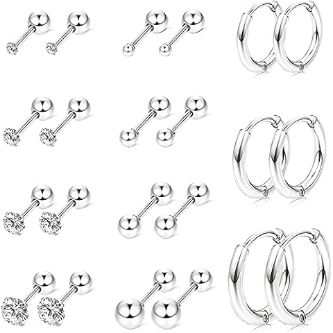 LOLIAS 11 Pairs Stainless Steel Cartlidge Cubic Zirconia Earrings Ball Stud for Women Helix Earring Set Tragus Earring Flat Ball Back Screwback Helix Earrings Cover