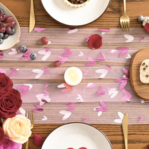 Artoid Mode Pink Heart Gauze Table Runner 120 Inch 10FT,Glitter Metallic Foil Valentine’s Day Sheer Dining Anniversary Wedding Table Decor for Home Party by Artoid Mode - Used condition - Image 3