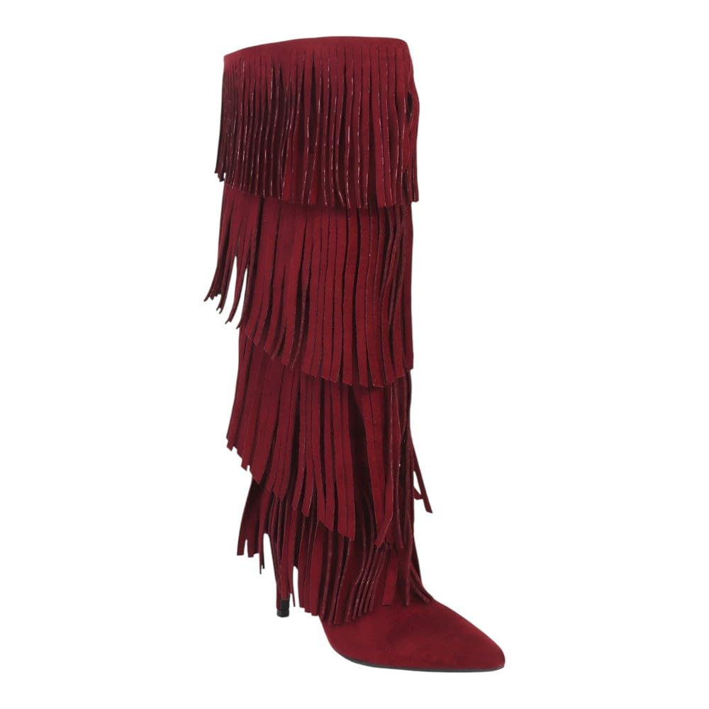Liliana Womens Knee High Fringe Boots Pointy Toe Stilettos High Heels Boots