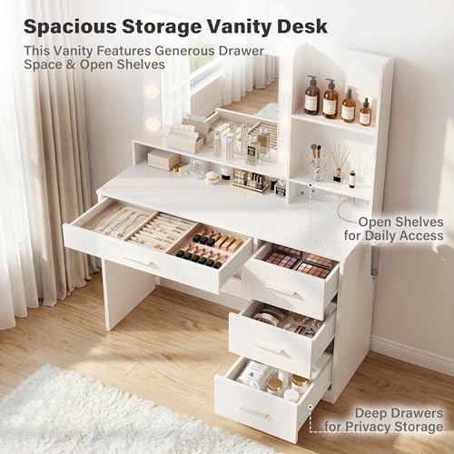 Image of YESHOMY 39 inch Vanity Desk with Mirror & Lights, Makeup Vanity Table with Power Outlet & Storage Drawers, 3 Color LED Lighting, Dressing Table for Bedroom,Modern White