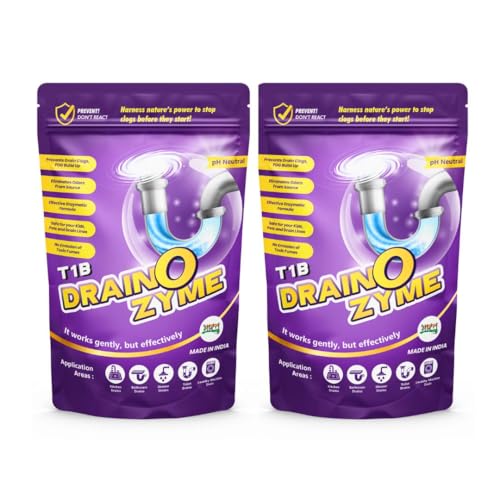 Image of T1B Drain O Zyme Drain Cleaner Powder - Enzyme Based - Removes Odour, Clogs & Blockages from Kitchen, Bathroom & Commercial Drains, Safe For All Pipes - Pack of 2 (250 gram)