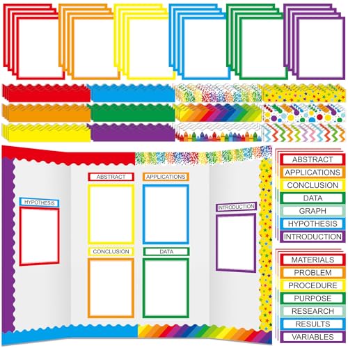 Fuyoooo 90 Pcs Science Fair Board Supplies 60 Trim Scalloped Bulletin Board Borders 24 Presentation Board Subtitles 6 Science Fair Titles for Classroom Display Boards (Rainbow)