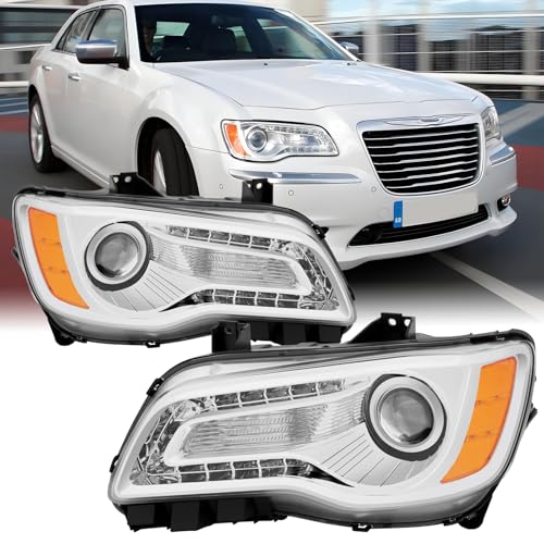 Headlight Assembly Set with Bulbs For 2011-2014 2015-2023 Chrysler 300 C Base S Touring Limited Replacement Headlamp Chrome Housing Amber Reflector With LED DRL Clear Lens Driver Passenger side(LH&RH)
