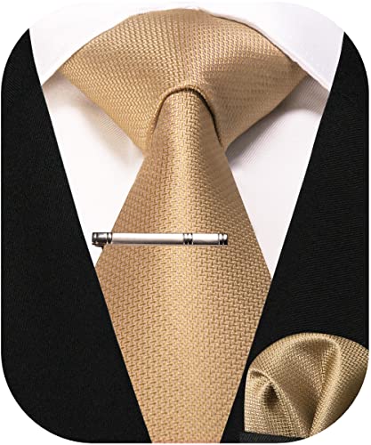Image of RBOCOTT Silk Stripe Plaid Tie and Pocket Square with Tie Clip Sets for Men