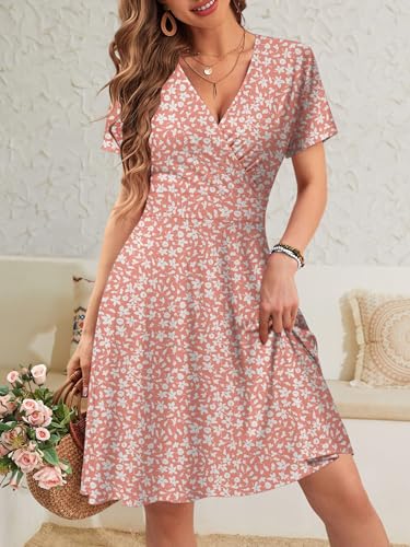 Image of MSBASIC Womens Summer Wrap V Neck Casual Dresses Floral Short Sleeve A-Line Midi Sundress