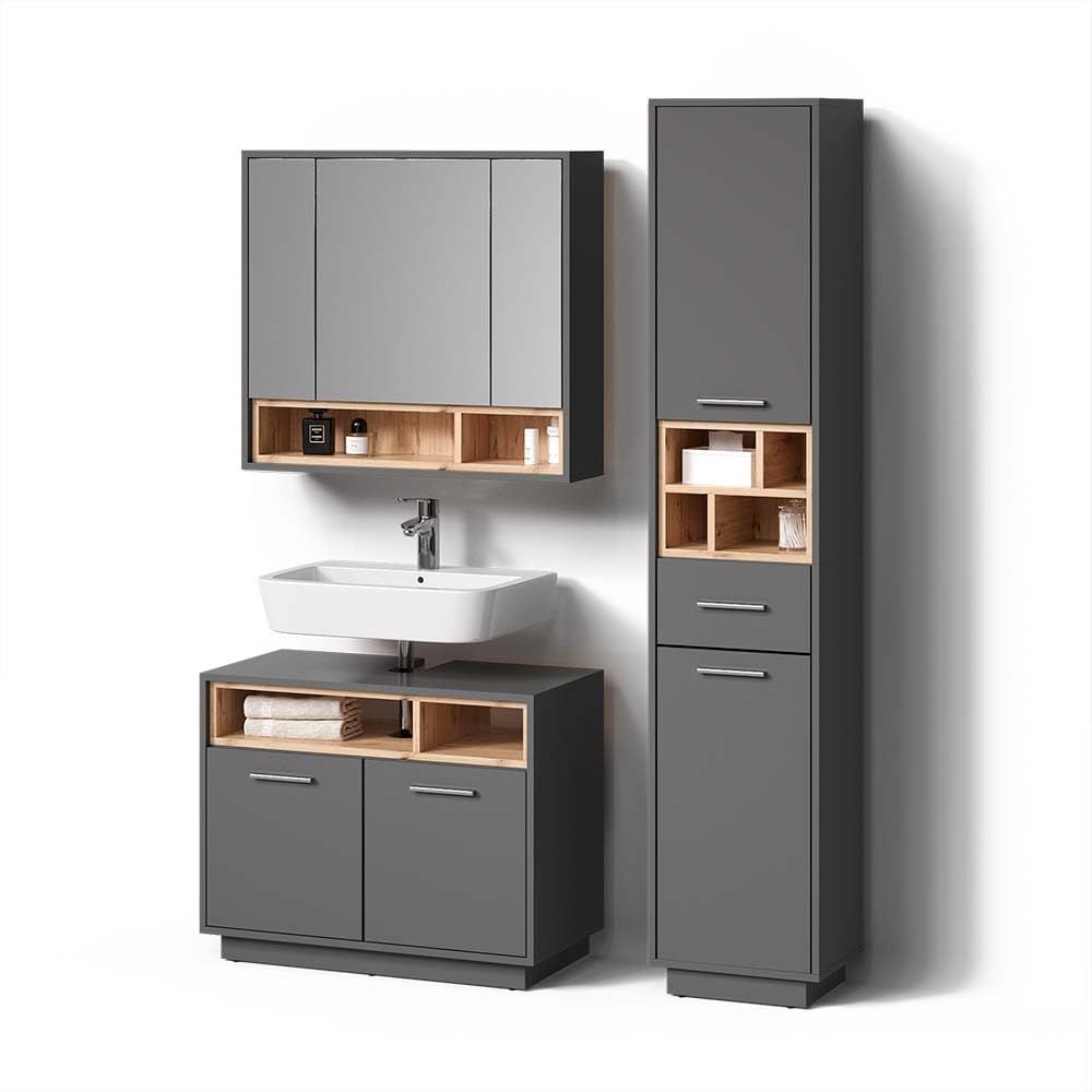 Livinity Badmöbel-Set Temo, Anthrazit, 3 Teile, mit Hochschrank