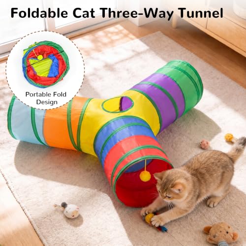 Image of Tempcore Cat Tunnel, 3-Way Collapsible Toy, Large Size Rainbow | Large Size 3-Way Cat Tunnel Provides More Room for Cats to Run, Hide and Chase, with Peek Holes, Hanging Ball and Teaser Wand