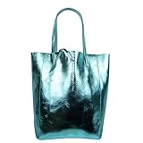 test Freyday Damen Echtleder Shopper mit Innentasche in vielen Farben Schultertasche Henkeltasche Metallic look (Aqua Metallic)
