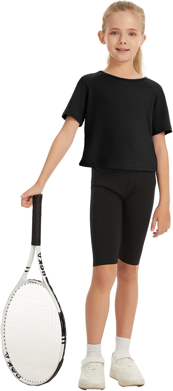 Girls Summer Workout Crop Tops Cropped Split Back Athletic Gym Exercise Short Sleeve Basic T Shirts 3-14 Years