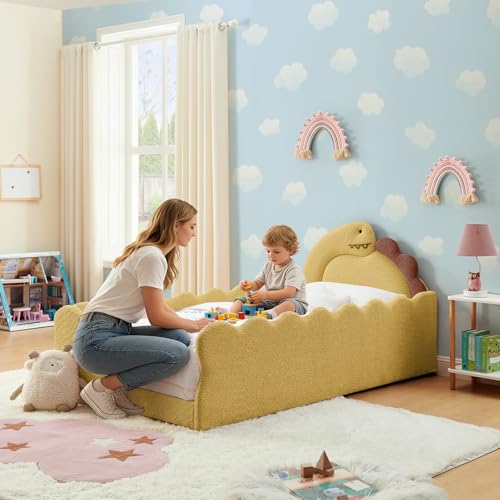 Image of Twin Size Kids Floor Bed Frame, Upholstered Montessori Platform Bed Cute Dinosaur-Shaped Daybed Frame for Girls Boys, No Box Spring Required, Yellow