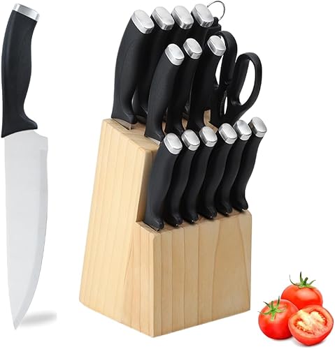 Miniatura 1 de Juego de cuchillos de cocina de 16 piezas con bloque y afilador, cuchillos ultra afilados de acero inoxidable de alto carbono para cocina, 6
