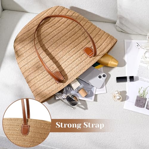 Image of Pleneal Straw Beach Bags for Women - Women Beach Handmade Woven Tote Bag, Summer Mesh Hollow Shoulder Bag for Holiday