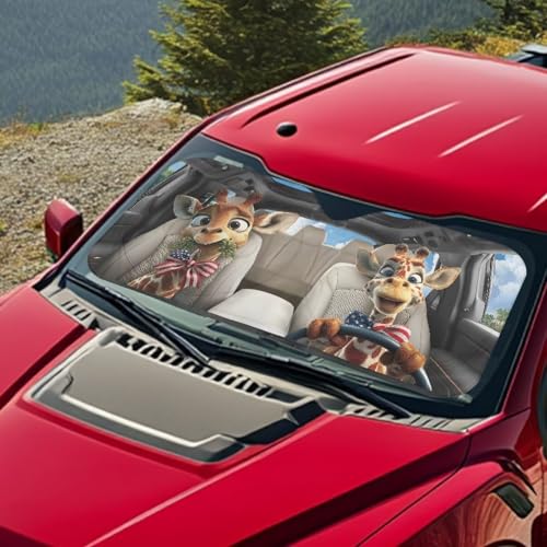 Image of 4th of July Giraffe Car Front Windshield Sun Shade Reflect UV Sun and Heat Foldable Car Windshield Sunshades Interior Accessories Sun Protection Universal Vehicle Accessories