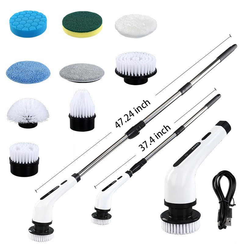 Image of Electric Spin Scrubber with Adjustable Long Handle, Electric Cleaning Brush with 9 Replaceable Brush Heads for Bathroom, Kitchen, Car, Tile, Wall, Floor