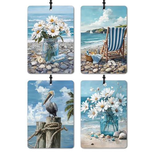 Image of Blue Beach Daisy Floral Chair Pelican Car Air Freshener 4 Pcs, Beachy Coastal Ocean Seaside Hanging Air Freshener for Cars Closet Drawer Books, Girly Car Accessories Mirror Decor for Women