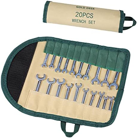 GOLD DEER 20-Piece Mini Combination Wrench Set, Standard Metric and SAE, 5/32"-7/16"&4-11mm, Extra Slim Midget Spanner, Open End and Box End Ignition Wrenches with Storage Roll Pouch