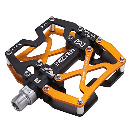 MZYRH Pédales de vélo de montagne, ultra résistantes et colorées, usinées CNC de 1,4 cm, 3 roulements (noir, doré, 3 roulements) Cover