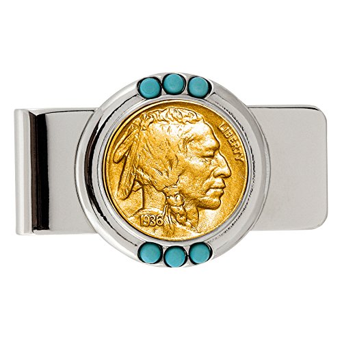 American Coin Treasures U.S. Coin Money Clip - Buffalo Nickel Layered in Pure 24k Gold | Brass Moneyclip Layered in Silver-Tone Rhodium | Turquoise Stones | Holds Currency, Credit Cards, Cash