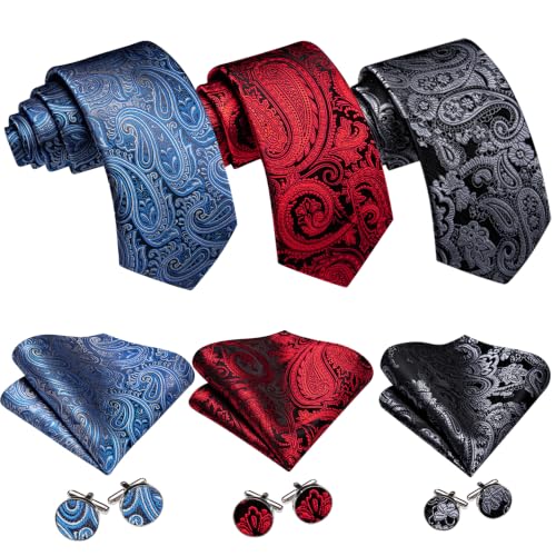 Image of Barry.Wang 6 PCS Men Ties Set Silk Business Fashion Woven Necktie Handkerchief Cufflinks Paisley Stripe Wedding Party