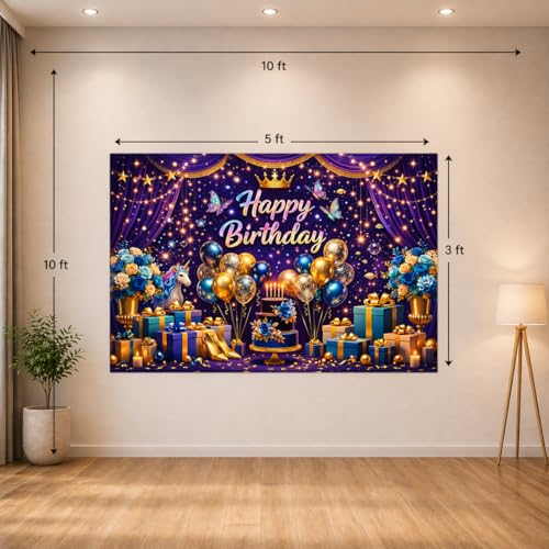 Image of Royal Purple Birthday Backdrop Cloth 5x3 ft - Crown Theme Fabric Banner with Balloons, Cake & Gift Design, Reusable Decoration for Party & Photoshoot