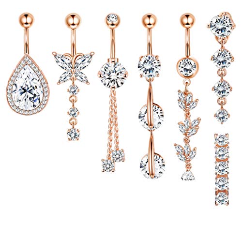 Adramata 7 PCS 14G Belly Button Rings for Women Dangle Navel Rings Curved Barbell CZ Body Piercing