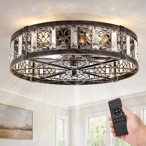 LEDIARY 20' Caged Ceiling Fans with Lights,Flush Mount Vintage Victorian Rustic Crystal Fandelier,Low Profile Farmhouse Enclosed Ceiling Fan with Light and Remote for Bedroom,Kitchen,Indoor,Black Gold