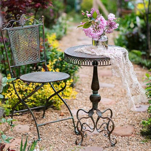 Juego de 2 mesas auxiliares de metal vintage y sillas de jardín, mesa de centro y bistró antigua con taburete, mesas de picnic portátiles para decoración de interiores y exteriores