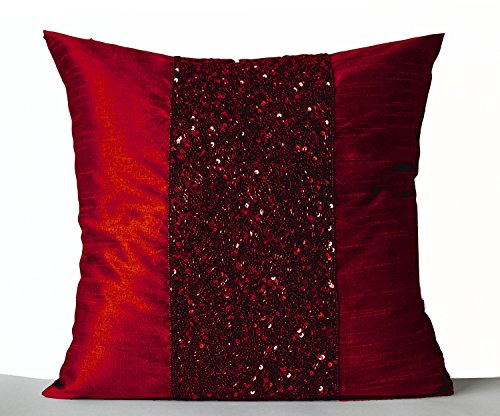 Handcrafted Red Beads And Sequins Pillow Cover, Custom Red Faux Silk Sparkling Pillowcase, Hand-Embroidered Red Beads, Metallic Décor For Living Room, Designer Sparkling Pillow Cover, 24x24 Inches