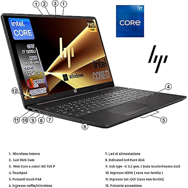 HP 250 G9 | Notebook Pc portatile Intel Core i7 | 12Th 4,7Ghz | Ram 16Gb | SSHD 1256Gb | Display 15.6" FHD Ips | Windows 11 Pro | Office Pro 2021 | Computer pronto utilizzo