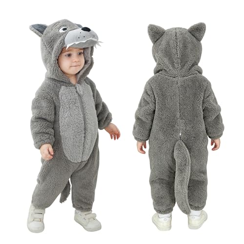 TONWHAR Toddlers Animal Costume Unisex Babys Warm Halloween Outfits Kids Dress Up Jumpsuits Rompers(12-18M Wolf)