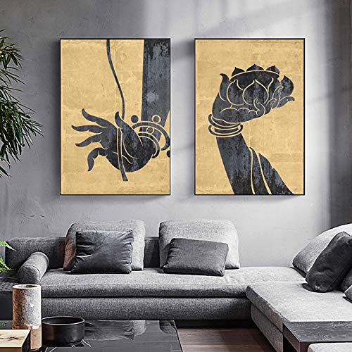 Art mural bouddha et lotus jaune pour creer un espace de meditation zen dans le salon