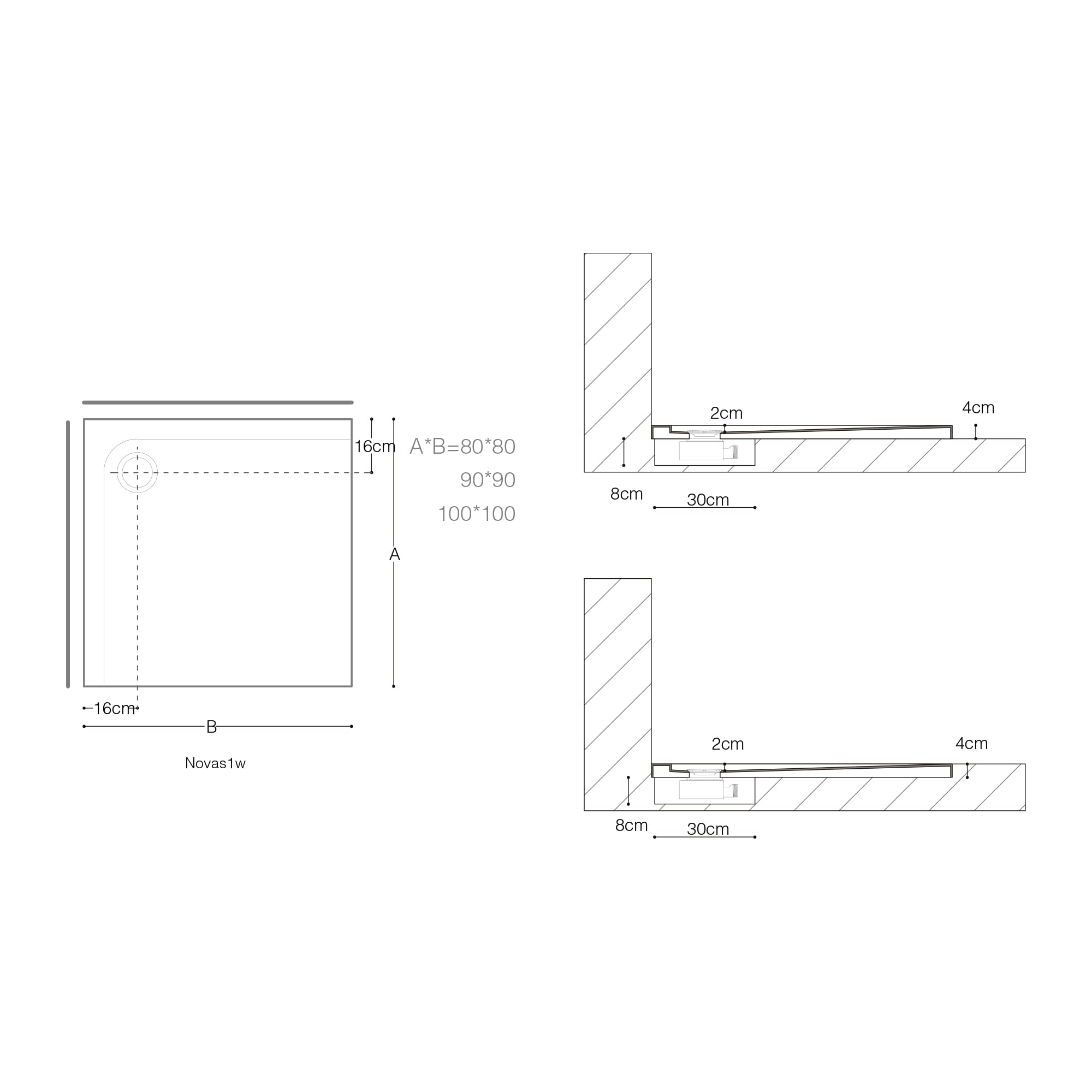 doporro Plato de Ducha Plano 80x80x4 cm Acrílico Blanco, Rectangular, Instalación a Nivel del Suelo, Compatible con Conexiones DIN Novas