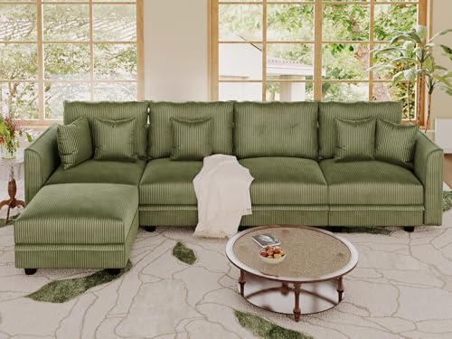 Image of LLappuil 112 inch Modular Sectional Sofa with Storage, L-Shaped 5-Seat Corduroy Couch with 4 Throw Pillows, Pet-Friendly Convertible Sofa for Small Living Room & Apartment, Skin-Friendly, Green