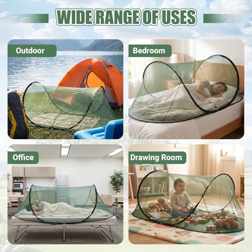 Image of 2 Pcs Large Pop up Mosquito Tent Portable Foldable Mosquito Bug Net for Bed Camping Travel Patio Outdoor 78 * 31 * 22 Inch Bug Netting Mesh Tent Canopy for Adults Bedroom, Green